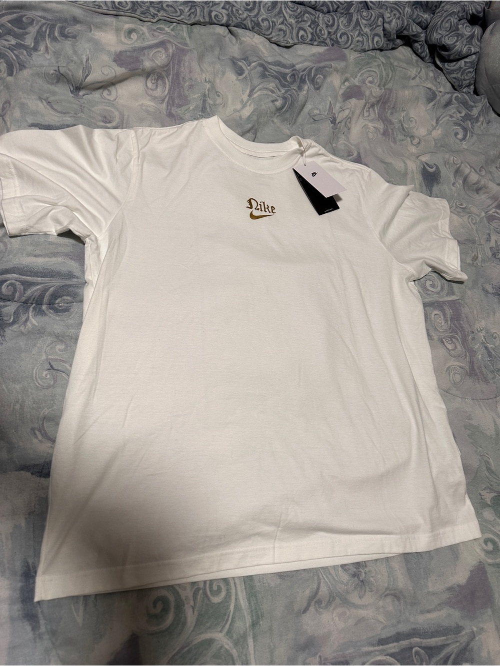 NWT Nike White Short Sleeve Tee with Gold Script Logo Womens Large